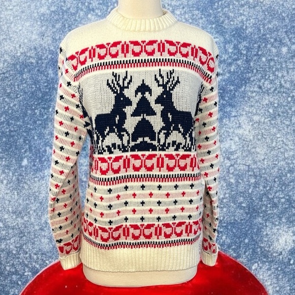 Vintage 70s 80s Gateway Knit Reindeer Christmas Holiday Sweater Unisex size LG - Picture 1 of 16